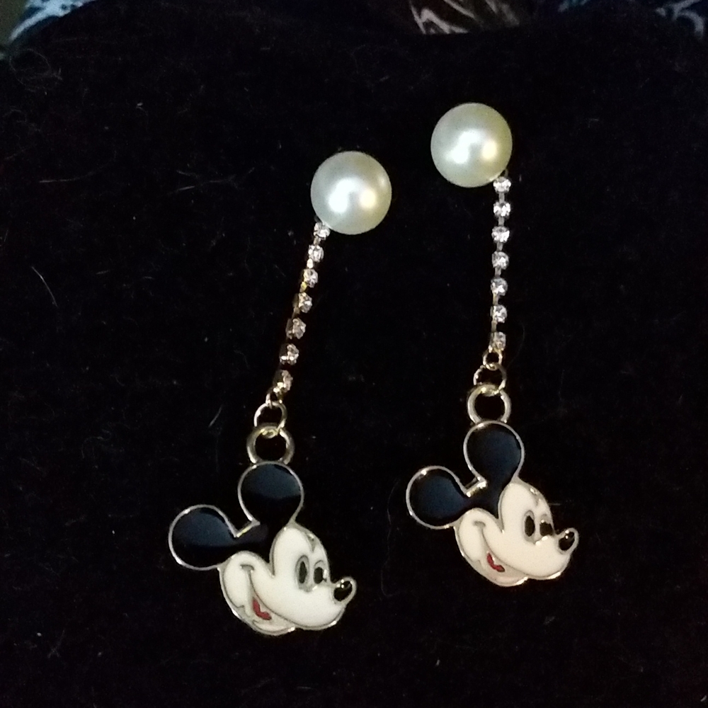 White Pearl and Crystal Dangle Enamel Mickey Mouse Earrings - Picture 2 of 4